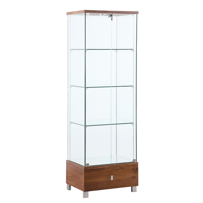 Chintaly 6628-CUR-WAL Contemporary Glass Curio w/ Shelves, Drawer & LED Lights Walnut Veneer