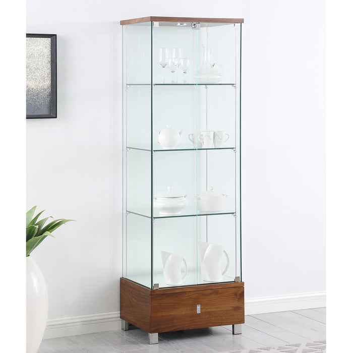 Chintaly 6628-CUR-WAL Contemporary Glass Curio w/ Shelves, Drawer & LED Lights Walnut Veneer