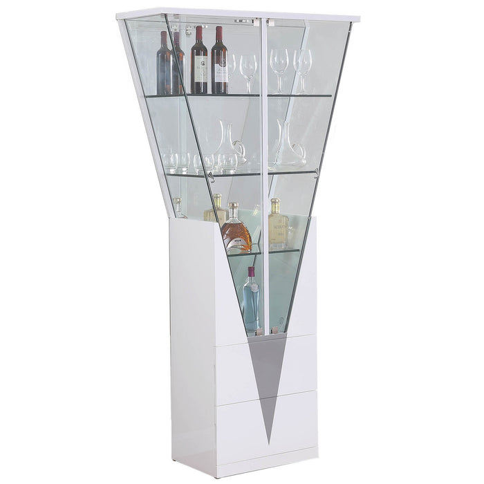 Chintaly 6625-CUR-WHT Triangular Design Curio w/ Shelves, Drawers & LED Lights Gloss White