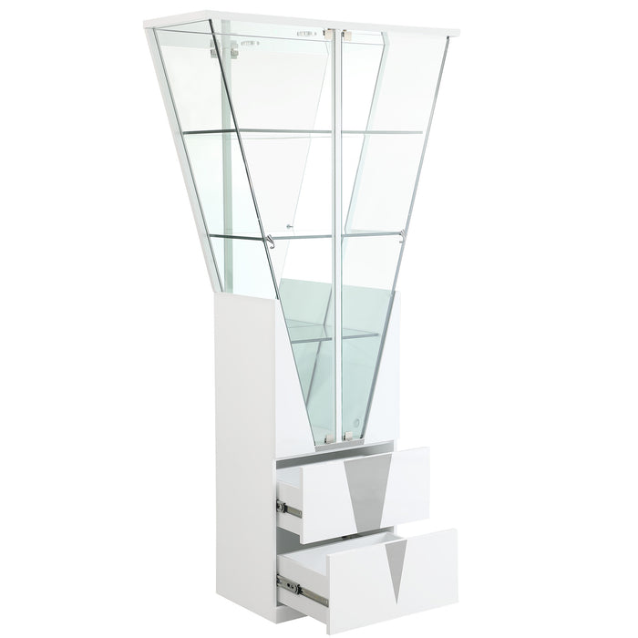 Chintaly 6625-CUR-WHT Triangular Design Curio w/ Shelves, Drawers & LED Lights Gloss White