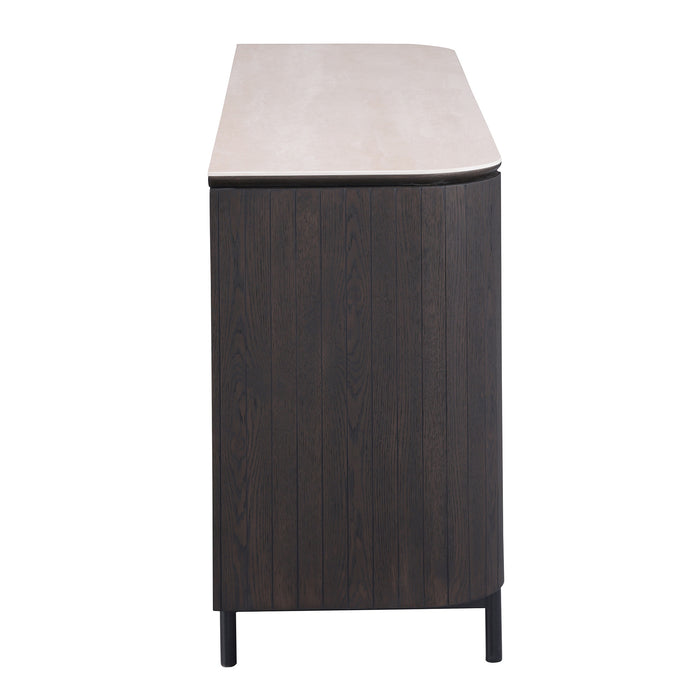 Chintaly EDITH-BUF Wooden 2-Door Buffet w/ 3 Drawers & Ceramic Top Matte Beige / Dark Oak Veneer