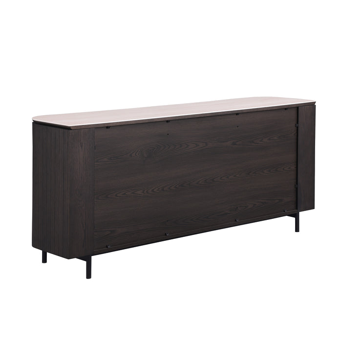Chintaly EDITH-BUF Wooden 2-Door Buffet w/ 3 Drawers & Ceramic Top Matte Beige / Dark Oak Veneer