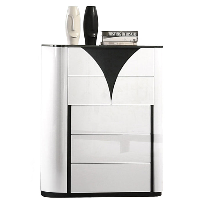 Chintaly OTTAWA 5 Drawer Chest w/ Gloss Black Accents Gloss White & Black