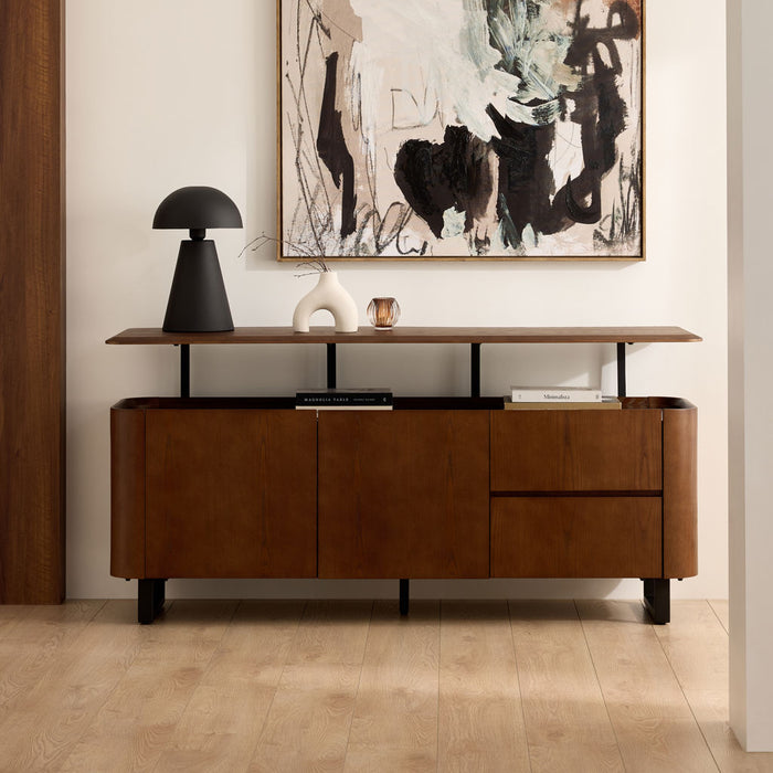 Chintaly SELMA-BUF Wooden & Steel Buffet w/ 2 Doors, 2 Shelves & 2 Drawers Walnut Veneer / Matte Black