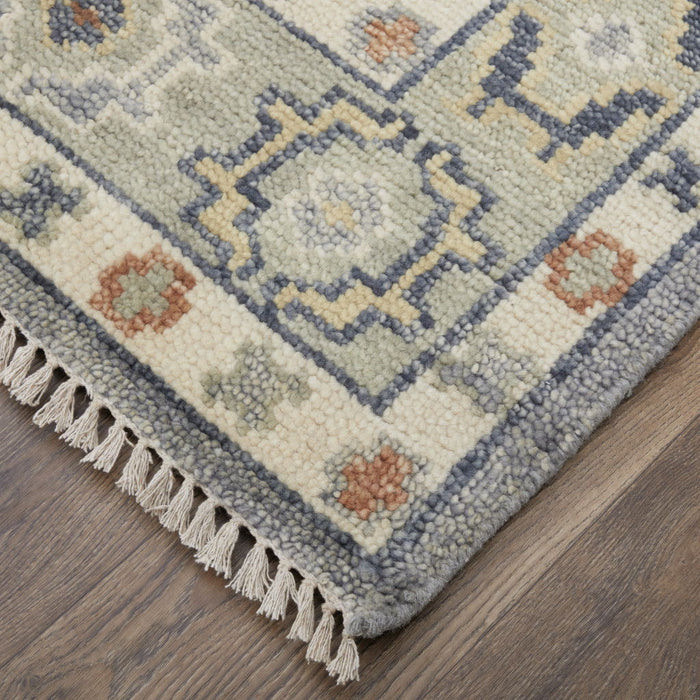10' Wool Geometric Hand Knotted Runner Rug With Fringe - Gray Blue And Taupe