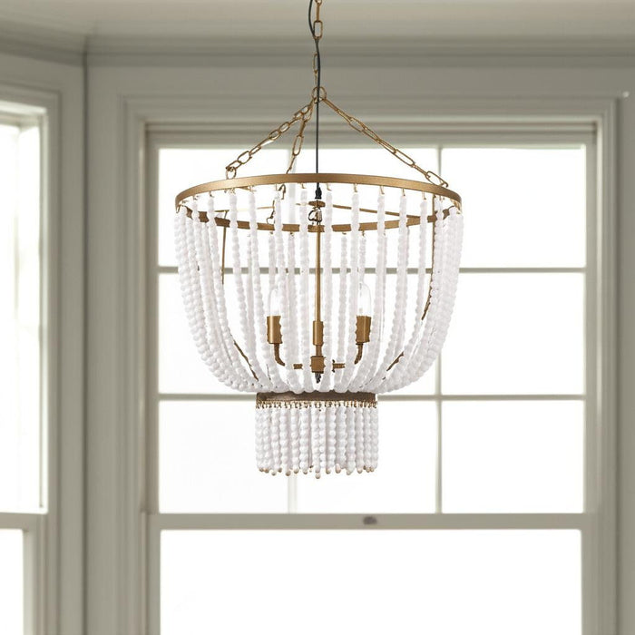 88" Empire Three Light Metal And Beads Dimmable Chandelier - White / Gold