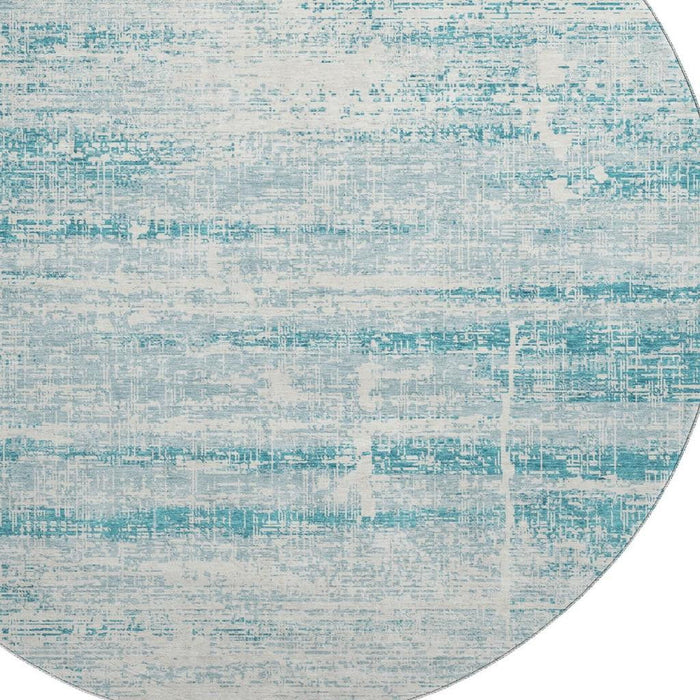 8' Abstract Washable Round Rug Polyester With UV Protection - Teal And Ivory
