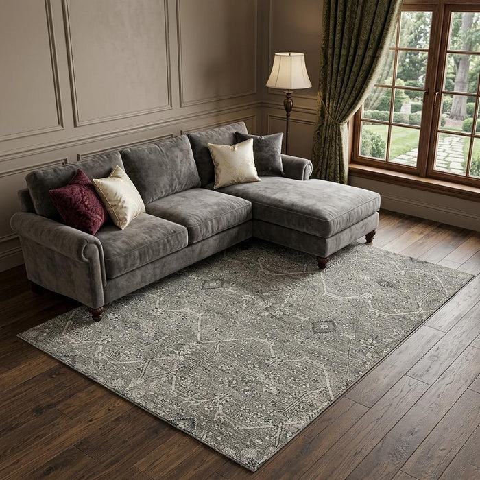 10' X 14' Floral Washable Area Rug With UV Protection (691746) - Pewter / Gray / Silver