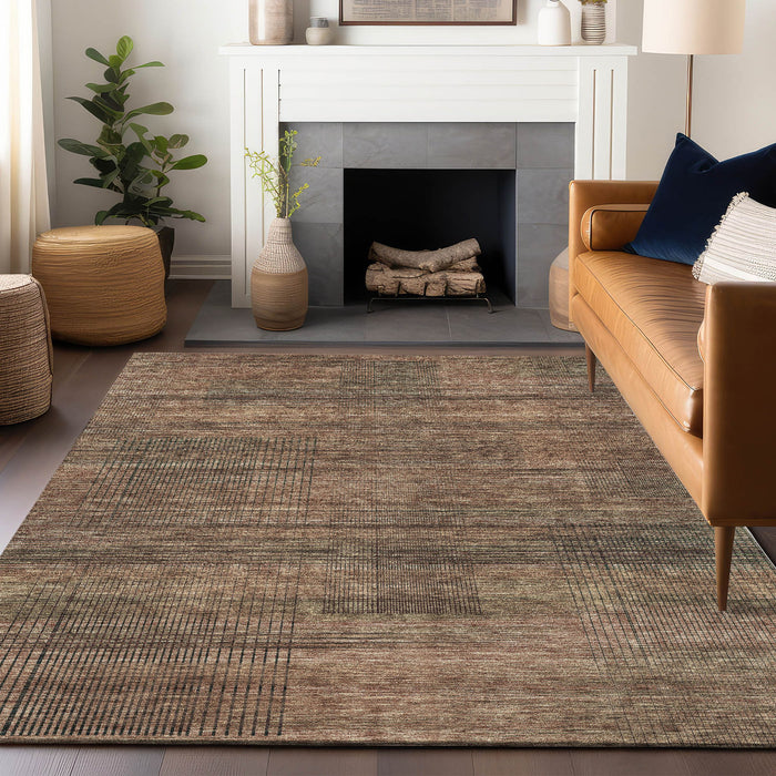 10' X 14' Striped Washable Area Rug With UV Protection - Rust And Gray