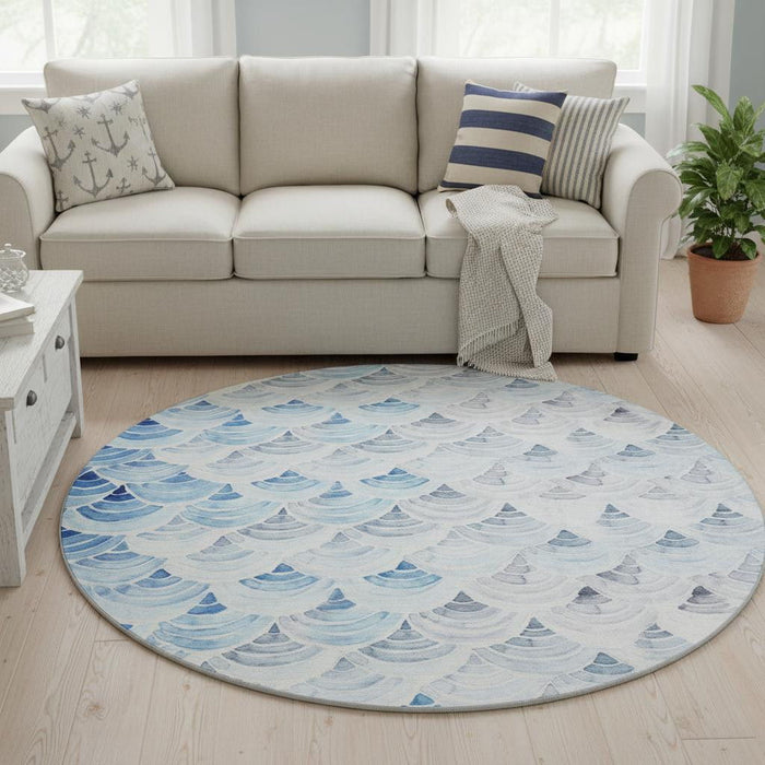 8' Geometric Washable Round Rug With UV Protection (645807) - Blue / Ivory / Gray