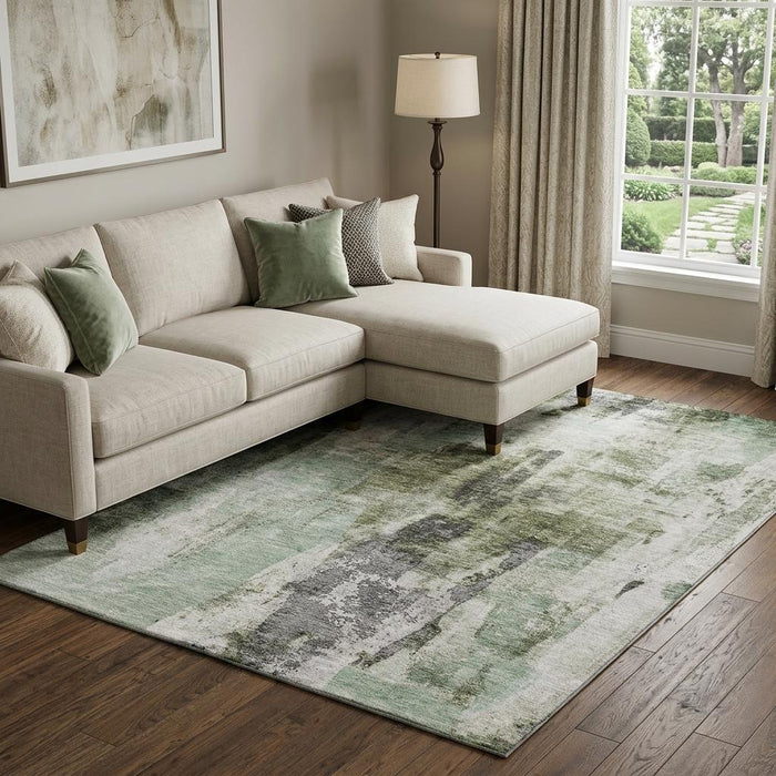 10' X 14' Abstract Washable Area Rug With UV Protection (683710) - Mint Green / Ivory / Gray