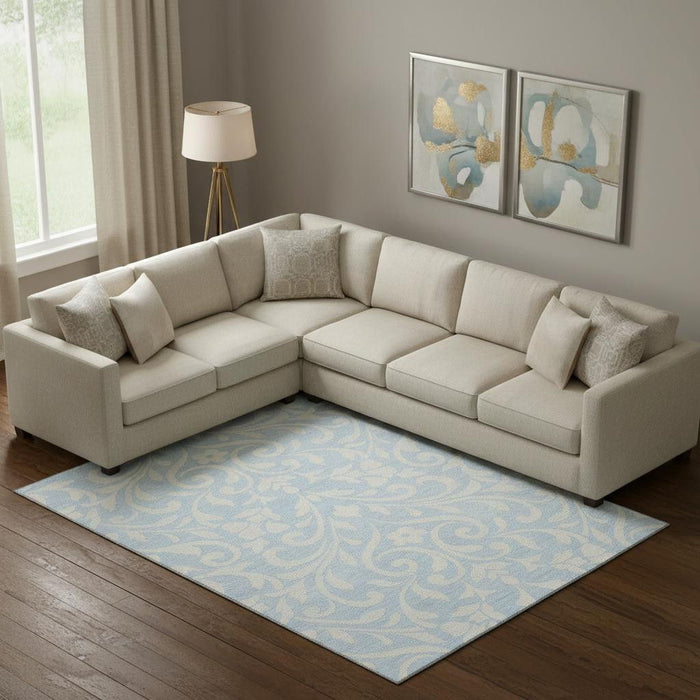 10' X 14' Floral Washable Area Rug With UV Protection (669654) - Sky Blue / Ivory