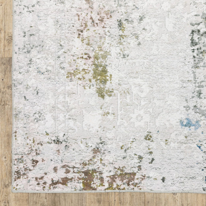 8' x 10' Abstract Printed Stain Resistant Non Skid Area Rug - Ivory Teal Blue Gray Brown And Gold