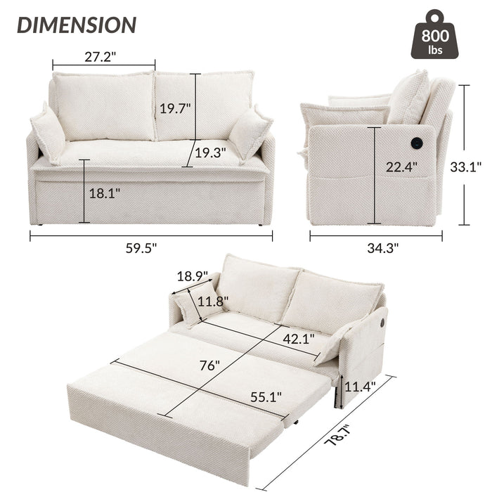 Giga pull out sofa bed with convertible sleeper, side storage, and USB-C charging ports, featuring a modern, upholstered design.