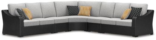Black and light gray outdoor sectional from Signature Design by Ashley, featuring five stationary seating pieces arranged for patio lounging.