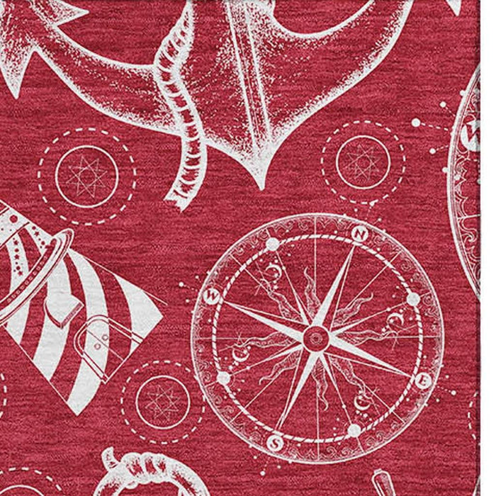 9' X 12' Nautical Washable Area Rug With UV Protection - Red And Ivory
