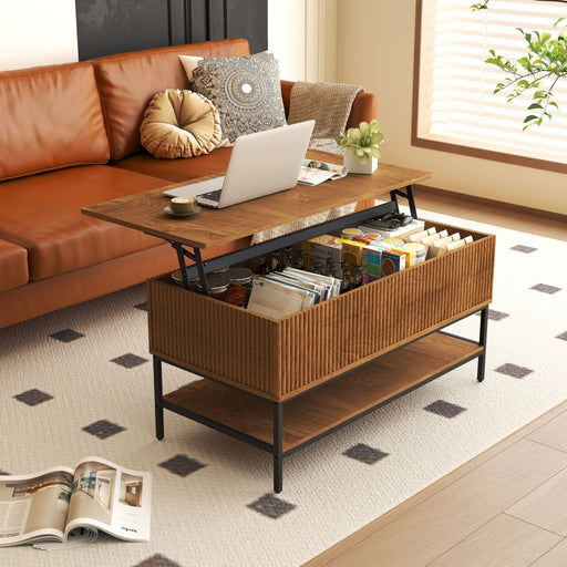Giga brown rectangle lift top coffee table with hidden storage and lower shelf, modern design, sturdy wood finish.