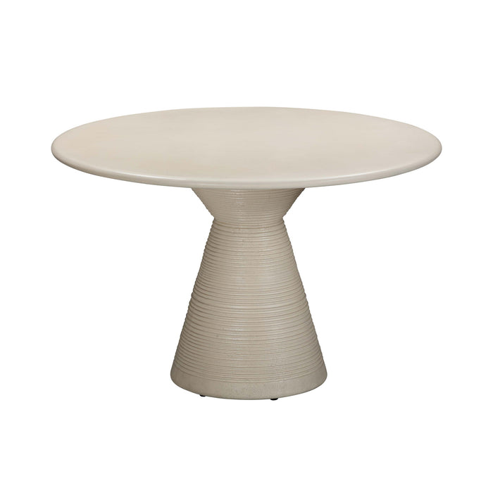 Round beige TOV Furniture Fern textured faux plaster concrete dining table suitable for indoor and outdoor use.