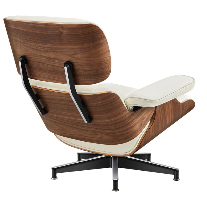 Off-white tufted genuine leather swivel lounge chair with matching walnut ottoman, featuring a modern stationary design from HomeRoots.