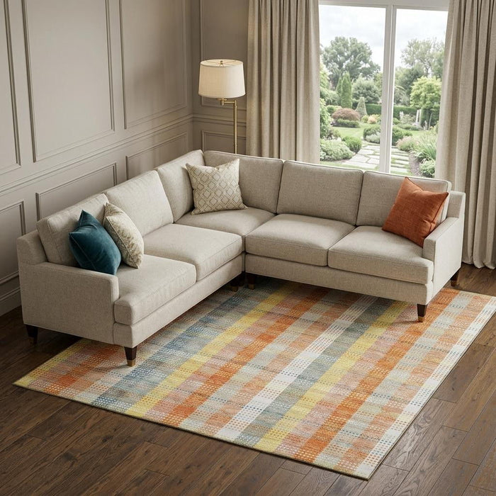 10' X 14' Plaid Washable Area Rug With UV Protection (676476) - Peach / Ivory / Yellow