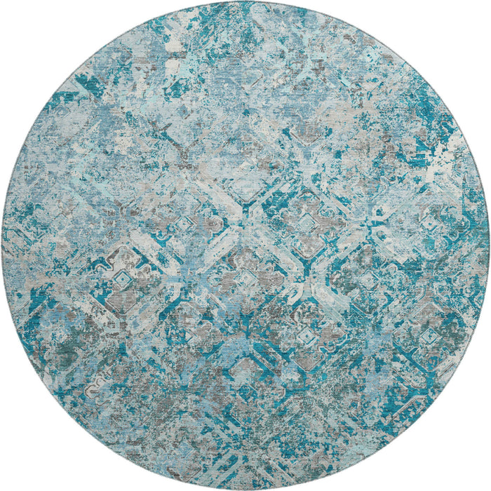 8' Diamond Washable Round Rug With UV Protection - Teal