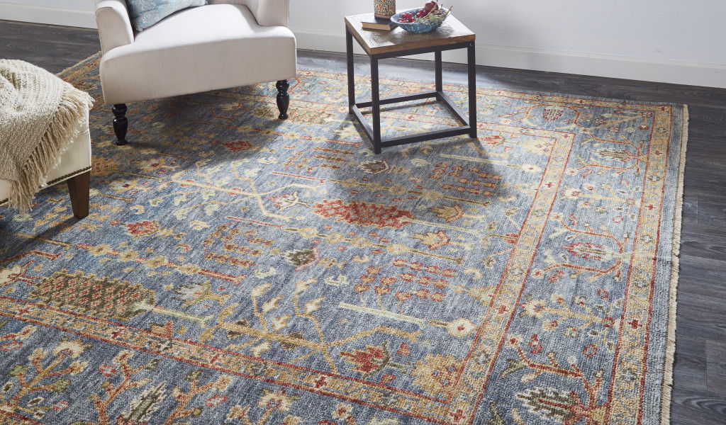 9' x 12' Wool Floral Hand Knotted Stain Resistant Area Rug With Fringe - Gray Gold And Red