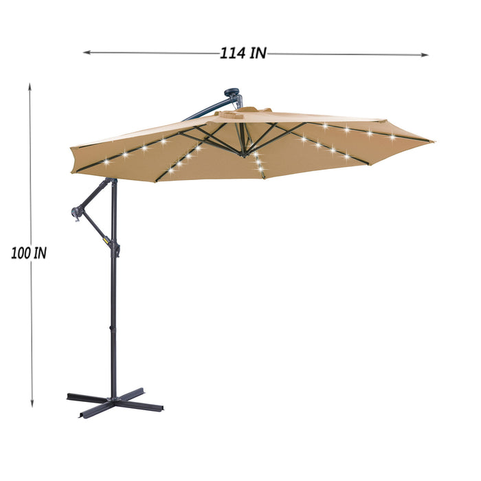 Giga 10 ft taupe outdoor cantilever patio umbrella with LED lights, metal frame, easy open, and hanging design for shade and ambiance.
