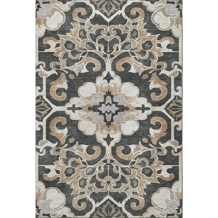 10' X 14' Floral Medallion Washable Area Rug With UV Protection (709066) - Charcoal / Taupe / Ivory