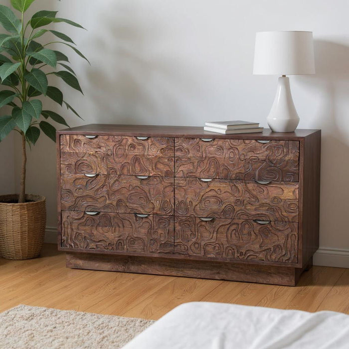 57" Carved Abstract Solid Wood Six Drawer Dresser - Brown