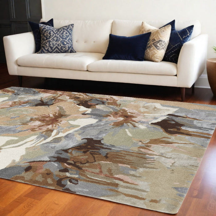 9' x 12' Wool Floral Hand Tufted Area Rug - Tan And Gray