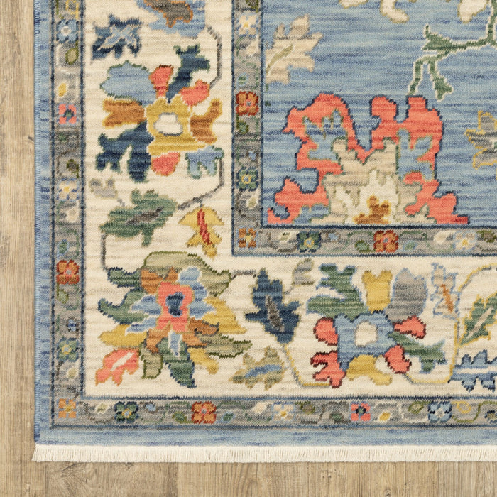 10' X 7' Oriental Area Rug With Fringe - Blue / Yellow