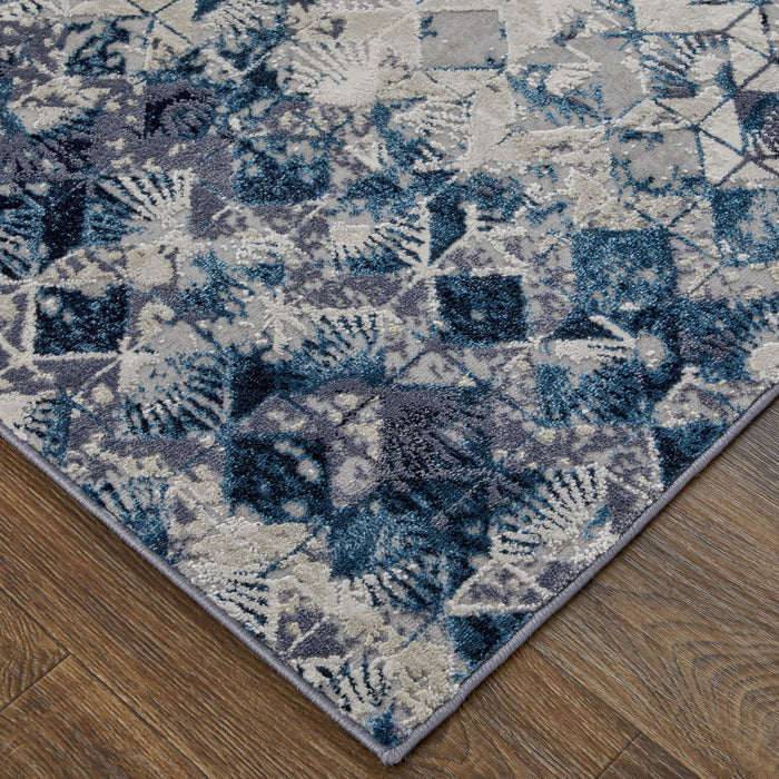 10' x 13' Geometric Power Loom Distressed Area Rug - Blue Ivory And Gray