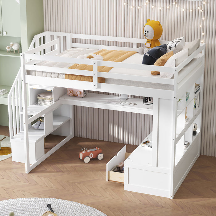 Giga full size white loft bed with desk, shelves, storage drawers, and staircase for space-saving bedroom organization.