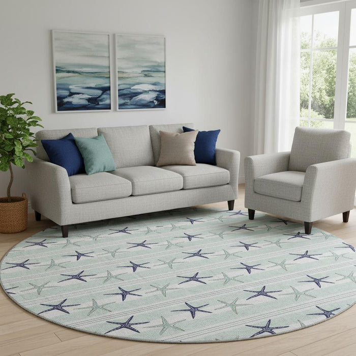 8' Geometric Washable Round Rug With UV Protection (646124) - Aqua / Navy Blue / Ivory