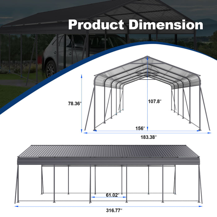 Giga metal carport 13x26.5 ft with galvanized steel roof and frame, outdoor storage shed for cars, boats, and trucks in gray.