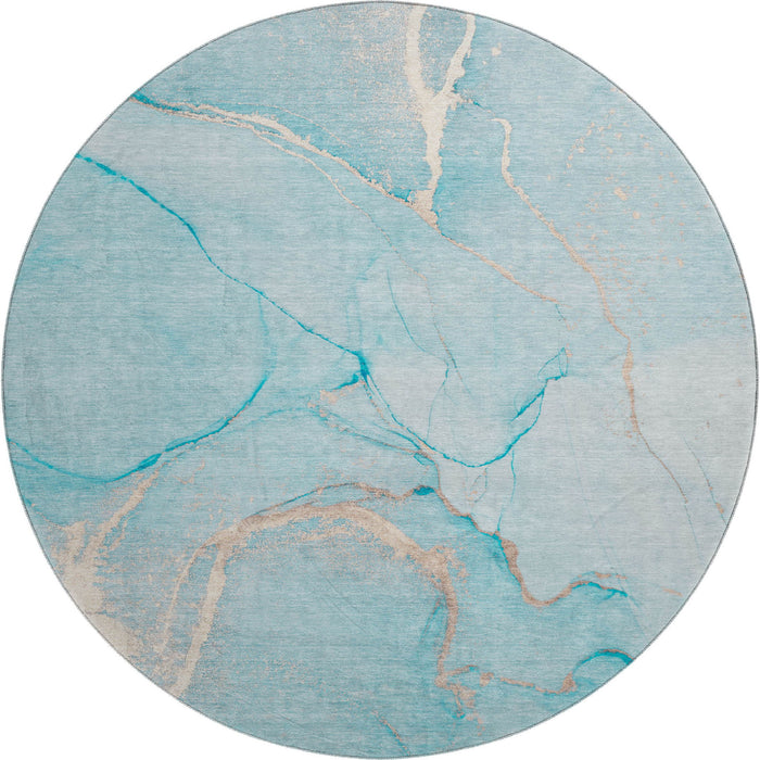 8' Abstract Washable Round Rug With UV Protection (646969) - Teal / Ivory
