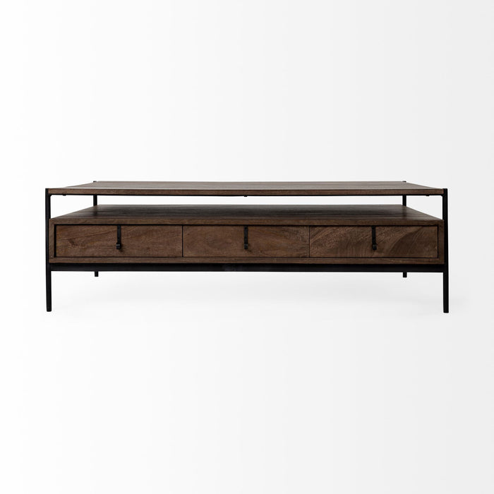 Rectangular Solid Wood Metal Coffee Table W 3 Drawers - Brown And Black
