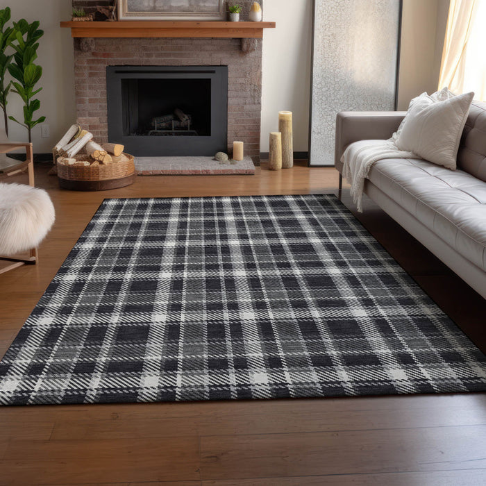 9' X 12' Plaid Washable Area Rug With UV Protection - Black And Ivory