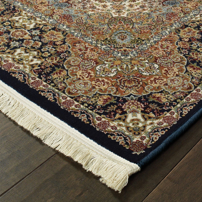 10' X 13' Medallion Area Rug With Fringe (574464) - Dark Blue / Black / Teal