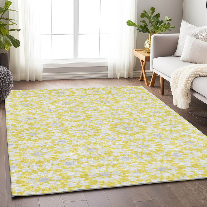10' X 14' Geometric Washable Area Rug With UV Protection - Yellow And Gray