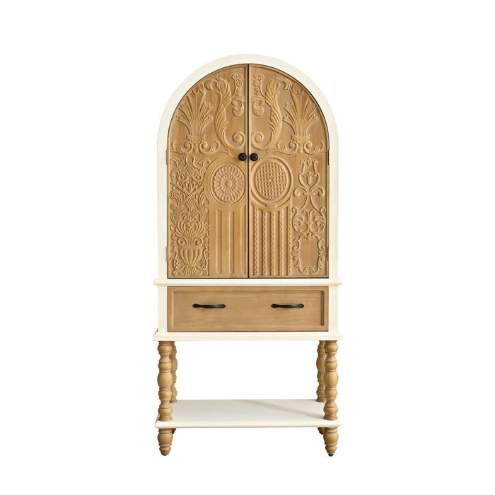 Giga arched flower carved sideboard cabinet with one drawer and shelf, natural and white finish, perfect for kitchen storage.