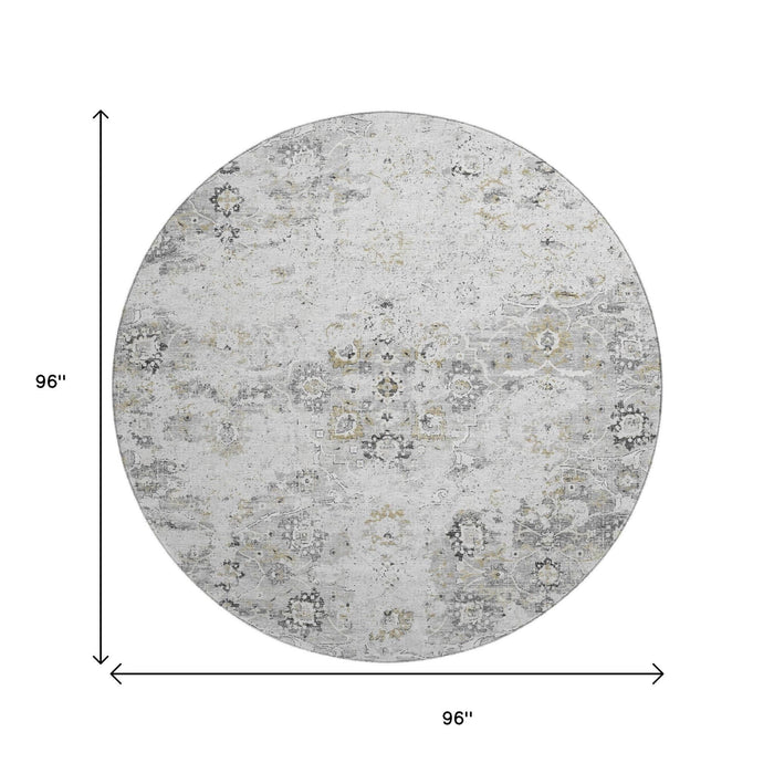 8' Floral Medallion Distressed Washable Round Rug With UV Protection (644201) - Light Gray / Charcoal