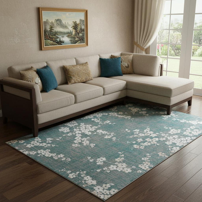 7' X 9' Oriental Washable Area Rug With UV Protection (609908) - Blue / White