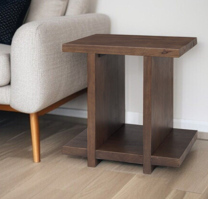 22" Modern Solid Wood Sled End Table With Shelf - Brown