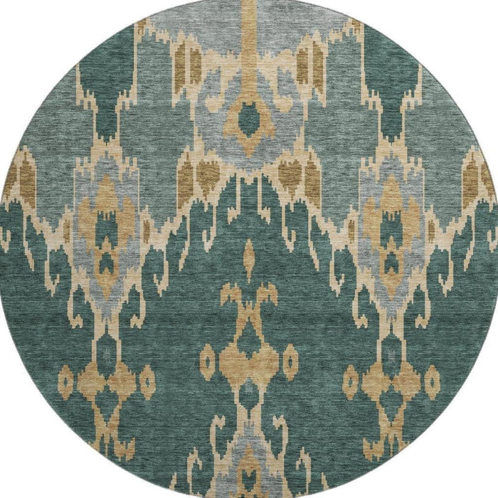 8' Ikat Washable Round Rug With UV Protection - Emerald