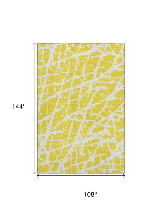 9' X 12' Abstract Washable Area Rug With UV Protection (646601) - Yellow / Ivory