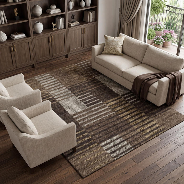 10' X 14' Striped Washable Area Rug With UV Protection (675660) - Chocolate / Beige / Gold