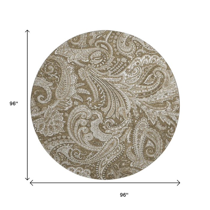 8' Paisley Washable Round Rug With UV Protection (654647) - Chocolate / Ivory