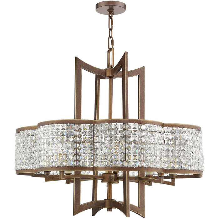 HomeRoots 27-inch bronze metal chandelier with eight lights and clear shades, dimmable for adjustable lighting.