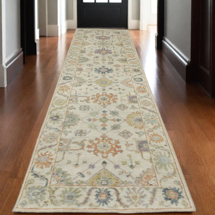 10' Wool Oriental Hand Knotted Runner Rug With Fringe - Beige And Green